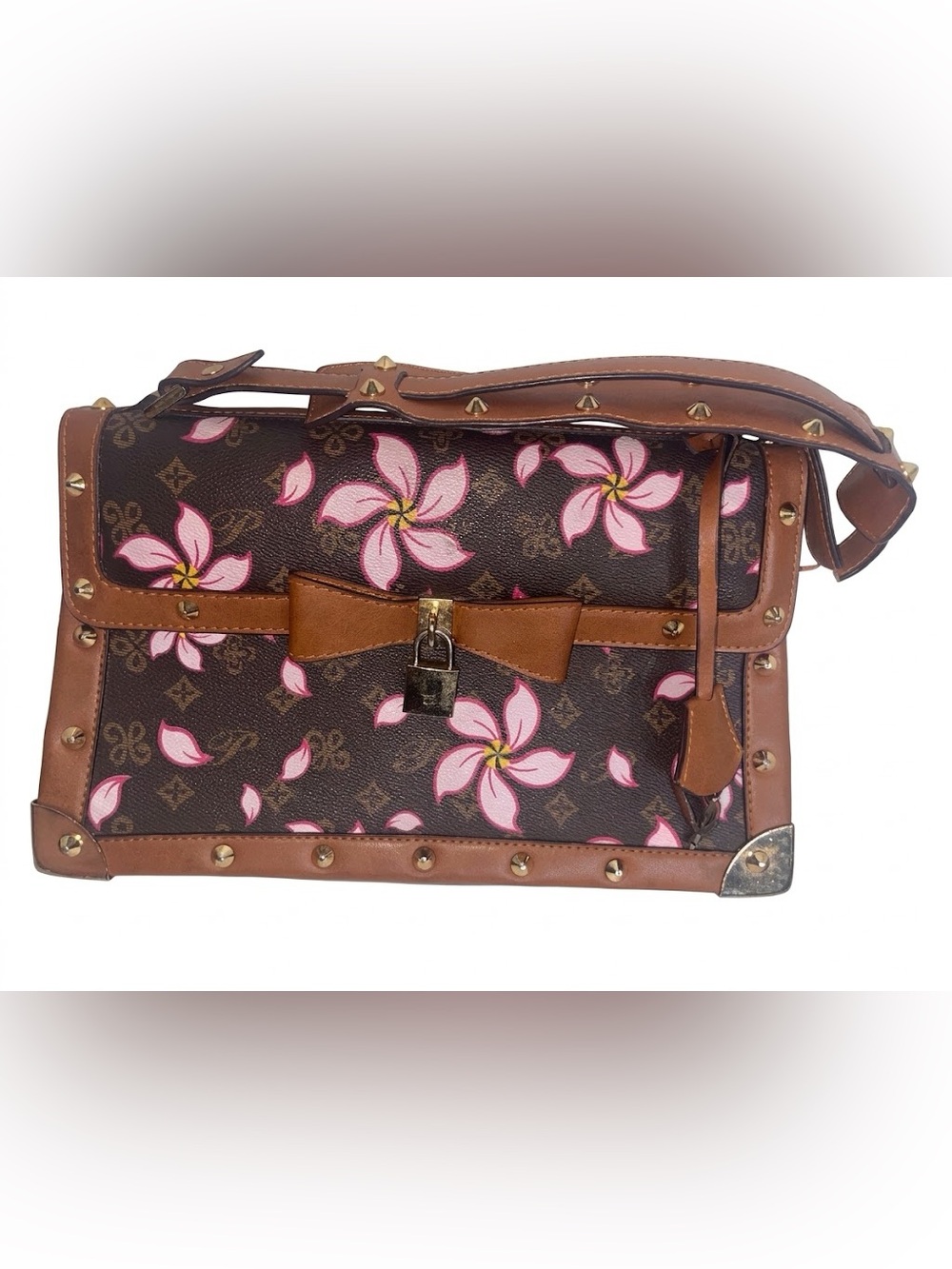 Diophy Cherry Blossom Trunk Shoulder Bag with Bow & Love Accent - Pink&Brown
